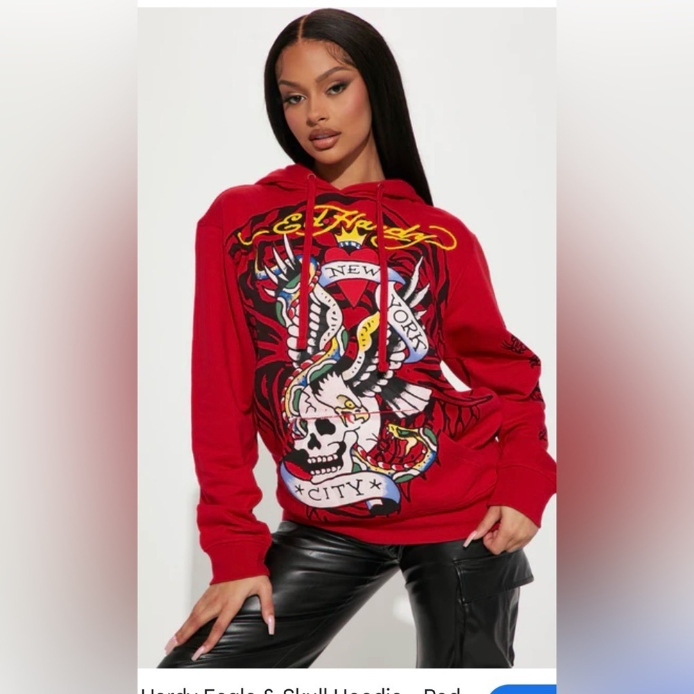 Ed Hardy Eagle & Skull Hoodie sweatshirt New York Red sz M  women’s